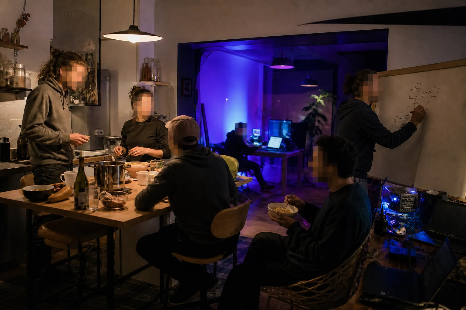 Anonymous builders sharing dinner and ideas at Nostr Office