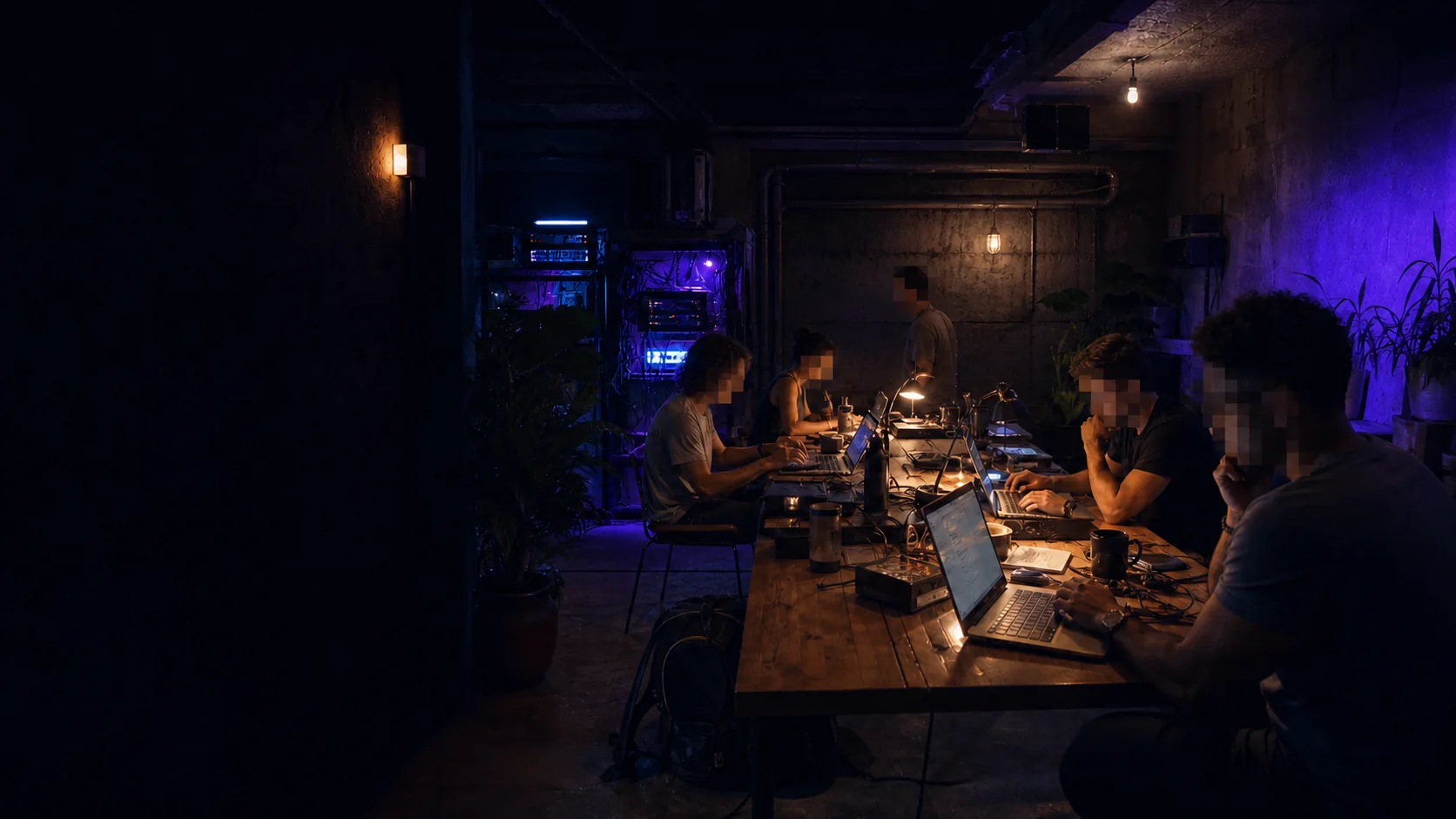Anonymous builders working together in an underground hacker basement